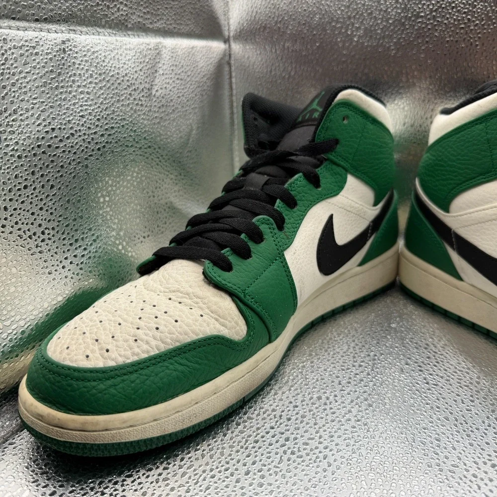 Size 12 Nike‎ Air Jordan 1 Mid Leather Pine Green Mens Sneaker Shoes 852542-301